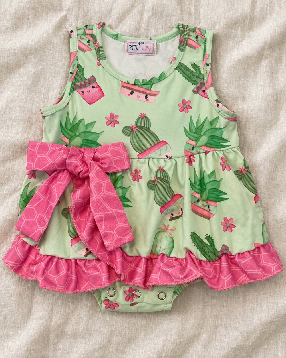 Pete + Lucy Baby Girl Cactus Succulent Dress Romper 6-9M Pink Bow Ruffle